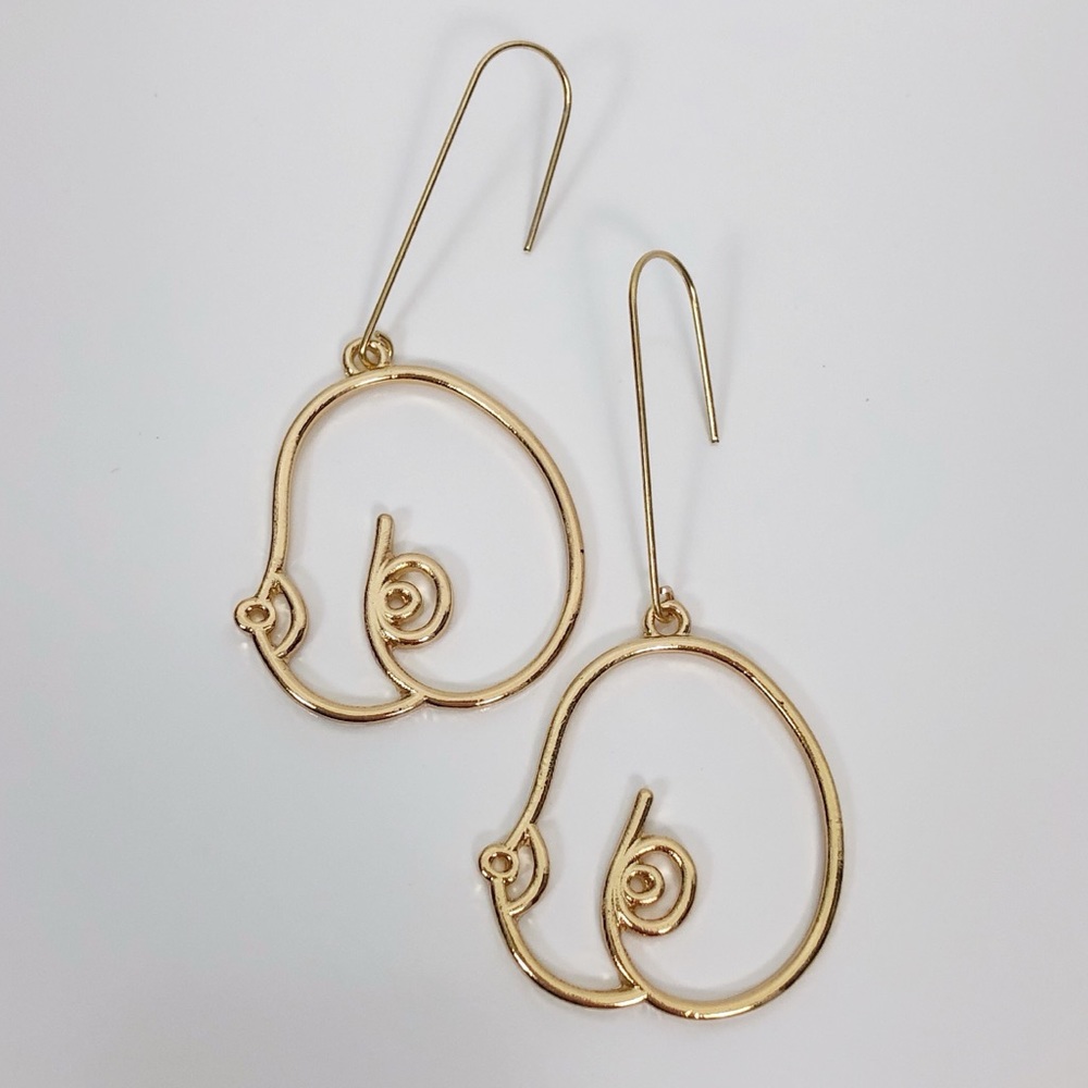 Gold Tone Breast Earrings Feminist Body Female - Picture 3 of 8